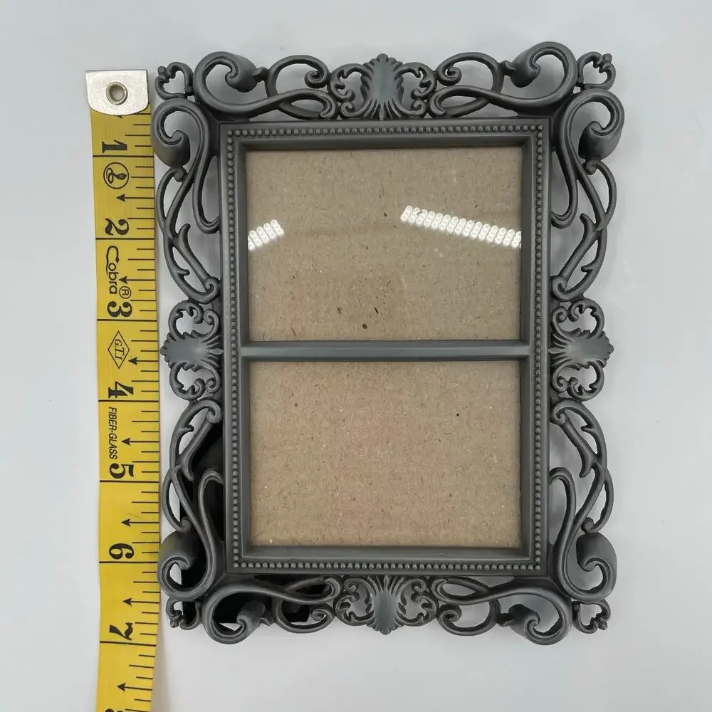 Double Photo Frame, Metal, Pewter Color, Ornate Scroll, 2 1/4” X 3 1/4” Ea. Side